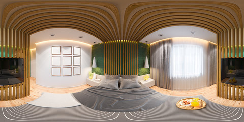 3D illustration of seamless 360 panorama of the master bedrooms in a private house, a country house.