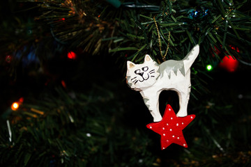 Carved Wooden Christmas Ornament of a White Kitty Cat