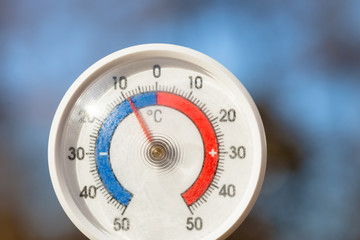 outdoor thermometer shows frost temperature cold winter weather concept