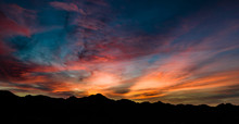Aerial, Drone View Of Sunset Above Tubac, Arizona With Mountin Silhouettes And Beautiful Colors 