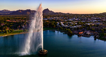 Aerial, Drone View Of The Historic Fountain At Fountain Hills Park In Arizona