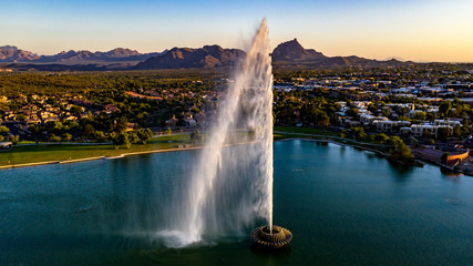 Aerial, drone view of the historic fountain at Fountain Hills Park in Arizona