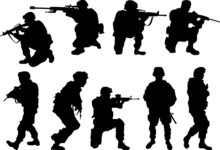 USA. Army Soldiers With Rifle Silhouette Vector Collection.
