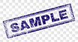 SAMPLE stamp seal print with dirty style and double framed rectangle shape. Stamp is placed on a transparent background. Blue vector rubber print of SAMPLE text with dirty texture.