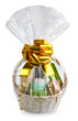 gift basket, hamper packed in transparent paper with a big yellow bow isolated on a white background