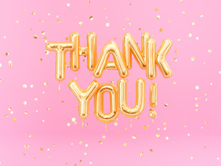 Wall Mural - Thank You text gold foil balloons on pink background, 3d rendering