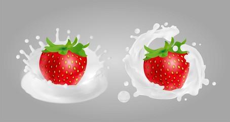 Wall Mural - Strawberry in yogurt. Milk splashes.