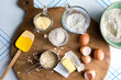 © Andrew Scrivani - Overhead view of ingredients for whole grain pancakes