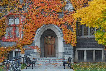 entrance to old ivy covered gothic stone college building with fall colors