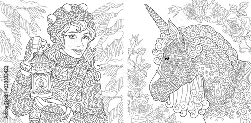 Coloring pages with winter girl and unicorn Stock Vector | Adobe Stock