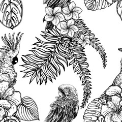  Seamless pattern of hand drawn sketch style exotic flowers, plants and birds isolated on white background. Vector illustration.