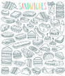 Sandwiches doodles set. Club sandwich, cheeseburger, hamburger, falafel in pita, shawarma, deli wrap, roll, taco, baguette, panini, bagel, toast. Outline vector drawing isolated on white background.