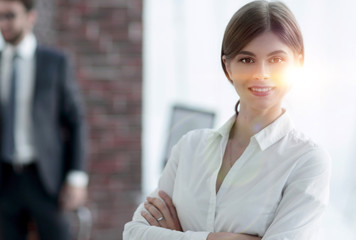 Sticker - portrait of young business woman on the background of the office