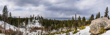 Panoramic View Of The Sierra Mountains, Lake Tahoe In The Background On A Cloudy Day; Van Sickle Bi-State Park; California And Nevada