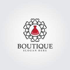 Boutique logo template. Floral frame and heart-shaped dresses. vector illustration