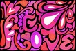 Retro Hippie 60's, 70's LOVE design with hearts and swirls background, in red purple and pinks on black and white