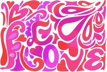 Retro Hippie 60's, 70's LOVE Design With Hearts And Swirls Background, In Red Purple And Pinks On Black And White
