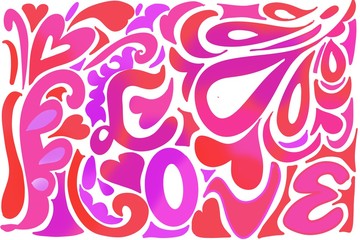 Retro Hippie 60's, 70's LOVE design with hearts and swirls background, in red purple and pinks on black and white