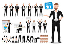Male Business Vector Character Set. Business Man Cartoon Character Creation Talking With Different Standing Pose And Hand Gestures While Holding White Board For Presentation. Vector Illustration.
