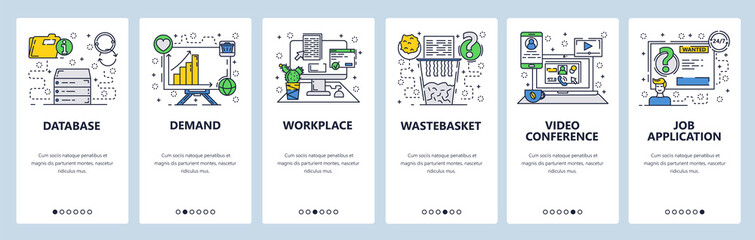 Vector web site linear art onboarding screens template. Business computer desk, file shredder and video conference. Database storage, sales and demand financial presentation. Menu banners for website