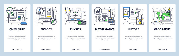 Vector web site linear art onboarding screens template. School education subjects, chemistry, math, physics, biology, history, geography. Menu banners for website and mobile app development. Modern