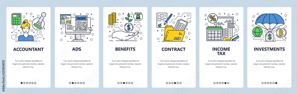 Vector web site linear art onboarding screens template. Accounting ...