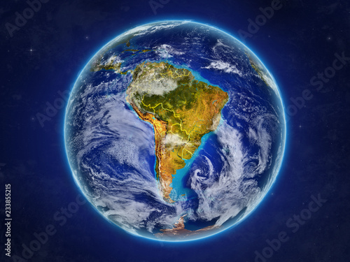 Fotografía South America from space on realistic model of planet Earth with country borders and detailed planet surface and clouds