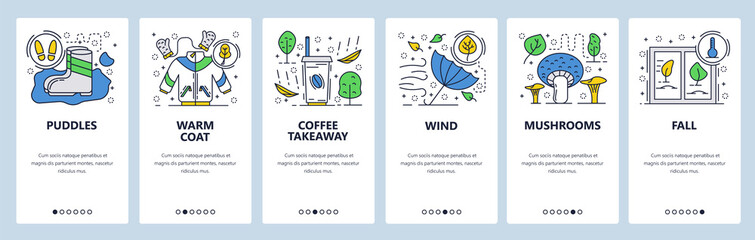 Vector web site linear art onboarding screens template. Fall season. Menu banners for website and mobile app development. Modern design flat illustration.