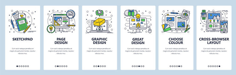 Vector web site linear art onboarding screens template. Computer graphic design and digital art. Menu banners for website and mobile app development. Modern design flat illustration.