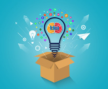 Creative Idea Concept. Think Outside The Box Brain Icon Light Bulb. Business Financial Success Concept. Cartoon Vector Illustration . Startup.