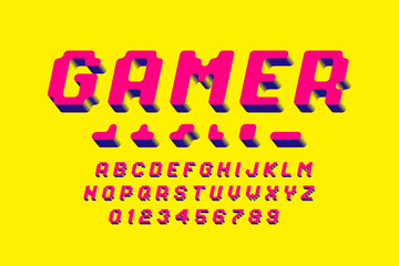 Wall Mural - Gamer font, 3d stylized pixel style alphabet letters and numbers