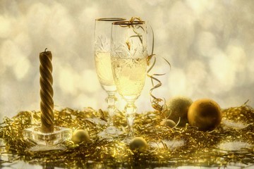 Christmas still life with champagne glass of wine