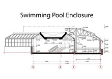 Detailed Achitectural Drawing Of Swimming Pool Enclosure With Measurements. Technical Industrial Vector Illustration