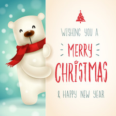 Wall Mural - Polar Bear with big signboard. Merry Christmas calligraphy lettering design. Creative typography for holiday greeting.