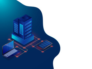 Canvas Print - data center concept based isometric design, 3d illustration of web servers connected to laptop with 