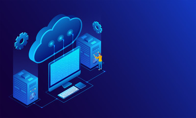 Isometric illustration of desktop connected with cloud and data server on glossy blue background.