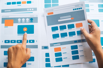 Website designer Creative planning application developer development draft sketch drawing template layout prototype framework wireframe design studio . User experience concept .