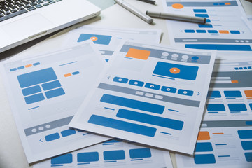 Website designer Creative planning application developer development draft sketch drawing template layout prototype framework wireframe design studio . User experience concept .