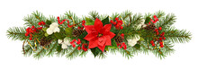 Evergreen Twigs Of Christmas Tree, Poinsettia Flower, Berries And Holiday Decorations In A Garland