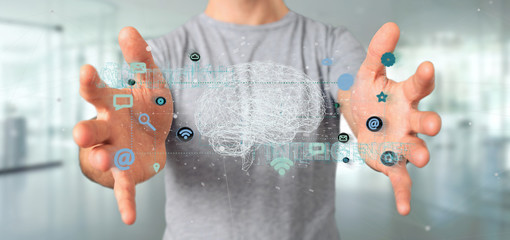 Man holding a 3d rendering artificial intelligence concept with a brain and app