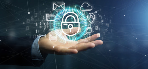 Wall Mural - businessman holding a security padlock wheel icon with multimedia and social media icon 3d rendering