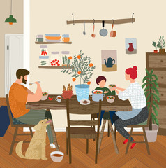 vector gouache painted flat illustration of a happy family at home in the kitchen for lunch, dinner or breakfast, mother, father, child and dog in a cozy apartment are sitting at the table and eating 