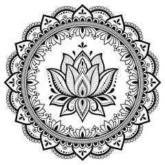 Circular pattern in form of mandala with lotus flower for Henna, Mehndi, tattoo, decoration. Decorative ornament in ethnic oriental style. Coloring book page.