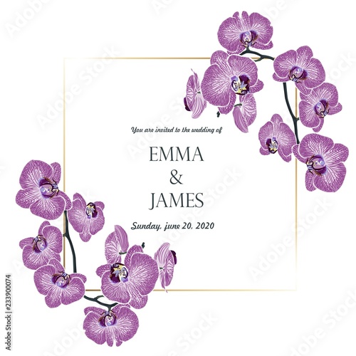 Fotografía Botanical wedding invitation card template design, violet orchid flowers branch with golden frame on white background, vintage style