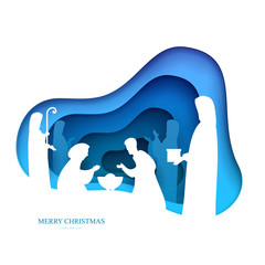 Wall Mural - Baby jesus born in Bethlehem in paper cut trendy craft cartoon style. Christmas, new year modern design for advertising, branding background greeting card, cover, poster, banner. Vector illustration.