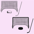 set of ice hockey elements: hockey stick, hockey goal and puck vector silhouette 