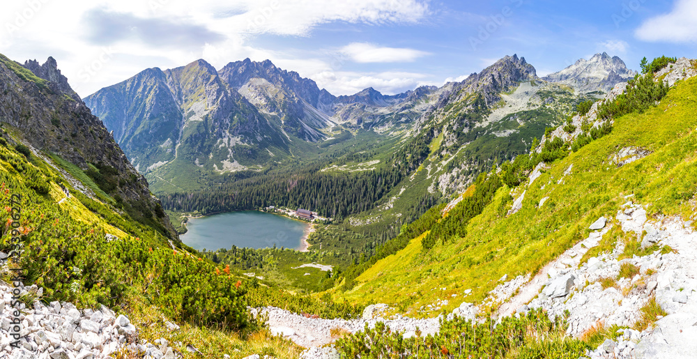 Panoramic view of lake Popradske Pleso in High Tatras mountains, Slovakia - obrazy, fototapety, plakaty 
