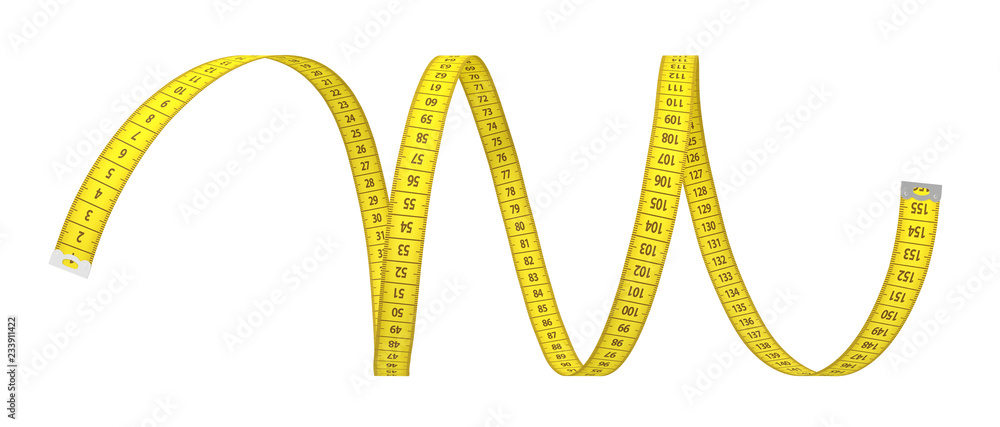 3d rendering of a single yellow strip of measuring tape on a white background. - obrazy, fototapety, plakaty 