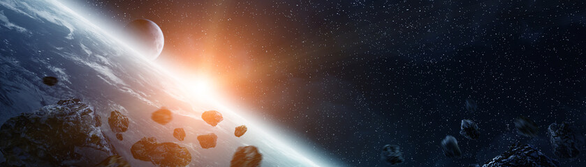 Wall Mural - panoramic view of planet earth with asteroids flying close 3d rendering elements of this image furni