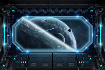 Wall Mural - dark spaceship interior with large window view 3d rendering